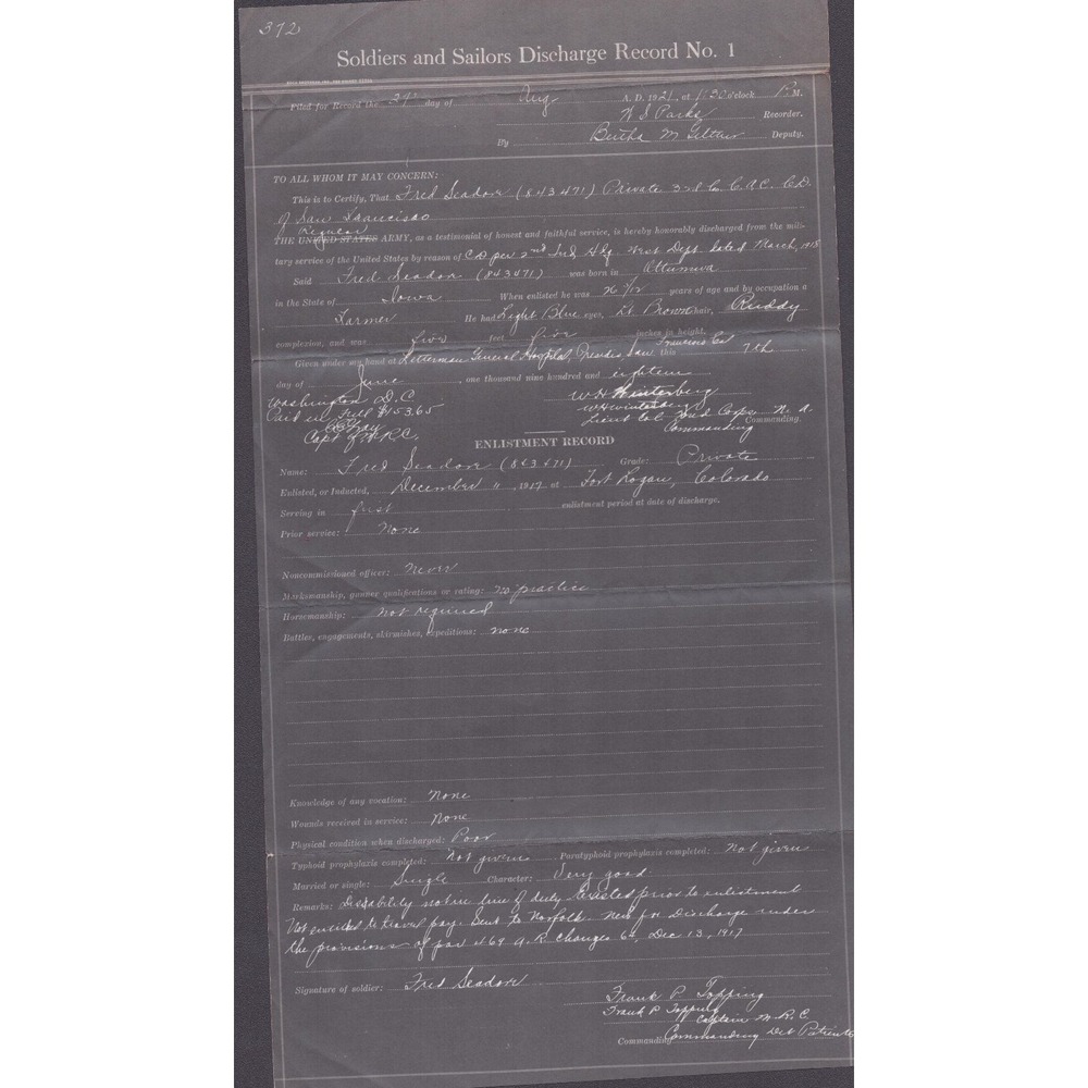 WWI 1917 Discharge Record Fred Seador Private CAC Fort Logan Colorado 1921